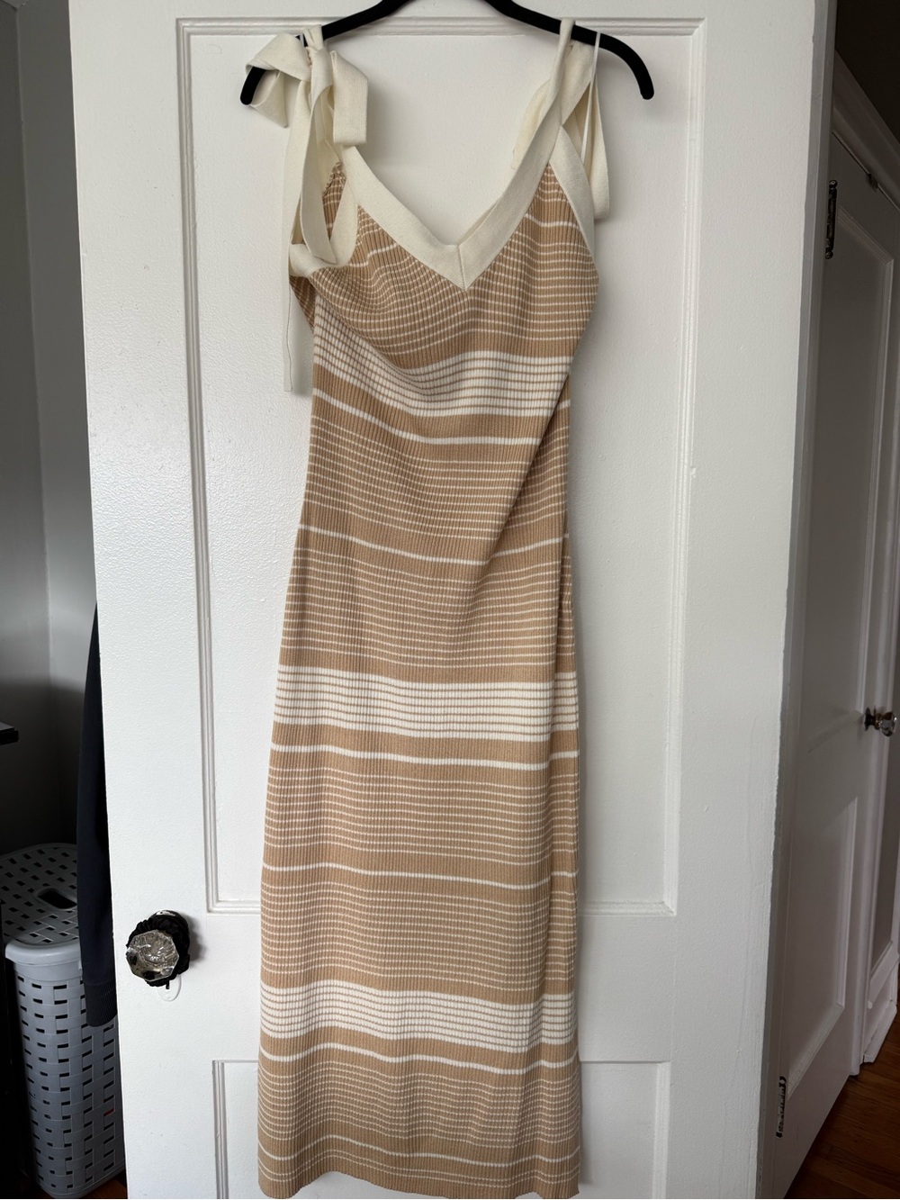 Endless Rose Beige and Cream Striped Knit Maxi Dress with Tie Straps